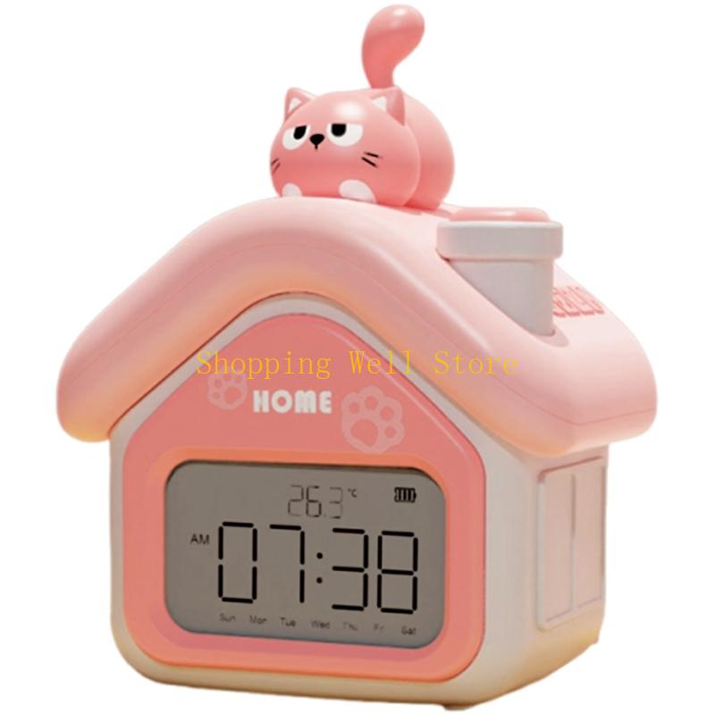 KX4B Cartoon Alarm Clock with Digital Display USB Rechargeable Bedsides Night Lamp Clock for Children Bedroom Decoration