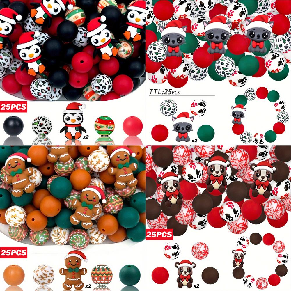 25/40PCS Christmas themed silicone bead set, perfect for DIY handmade crafts such as keychains, necklaces, bracelets, etc