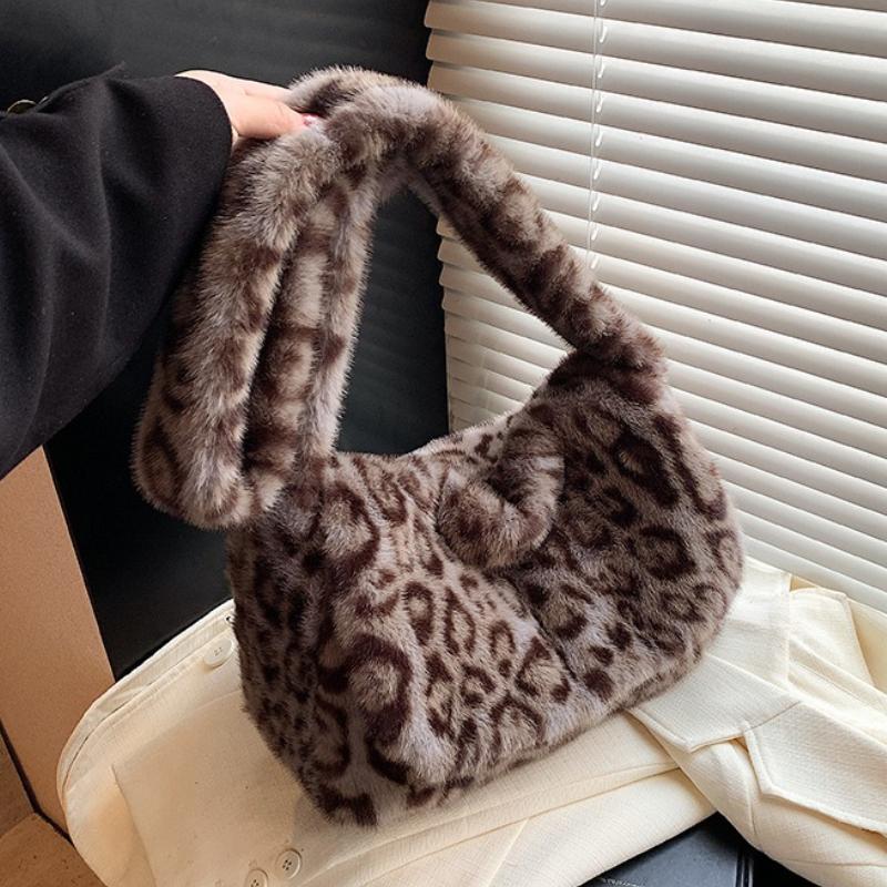 Leopard Print Women's Plush Shoulder Bags Faux Fur Cover Crossbody Bag Winter Large Capacity Female Furry Tote Messenger Bag