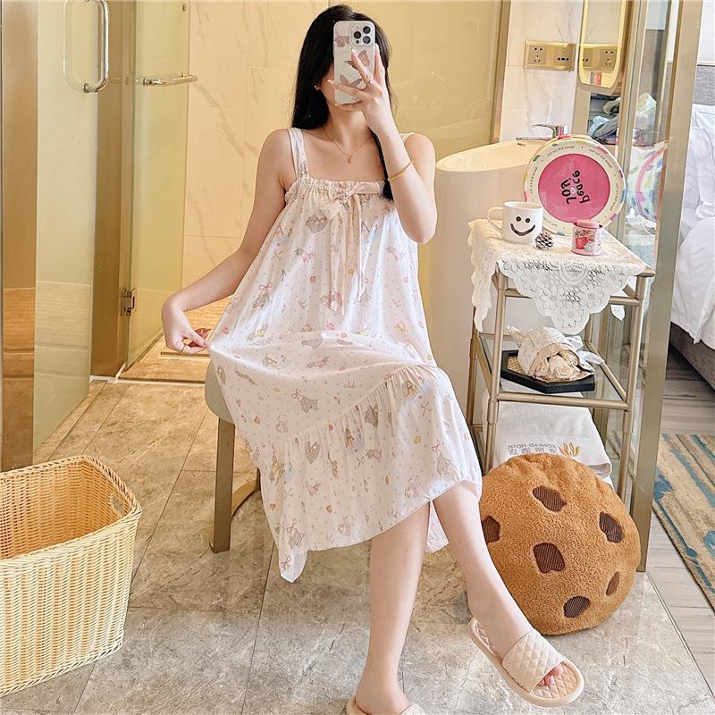 Cotton Nightdress Women'S Summer Thin Pajamasspring And Autumn Cotton Korean Cute Casual Print Dress Loungewear