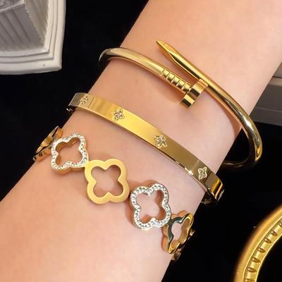 Elegant Four-Leaf Clover Zircon Bracelet for Women - Luxury Titanium Steel Design, Popular In Europe and America