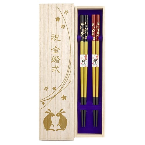 Couple's Chopsticks, Kinmai Sakura (Golden Cherry Blossom) Design, Black and Red, Dishwasher Safe, Comes with Design Paulownia Wood Box and Gift Wrapp