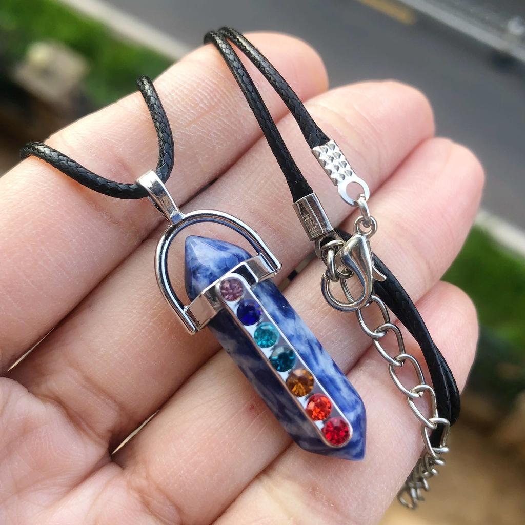7 Chakra Healing Crystal Necklaces, Natural Hexagonal Chakra Crystal Gemstone Pendant Necklaces, Pointed Quartz Stone Jewelry