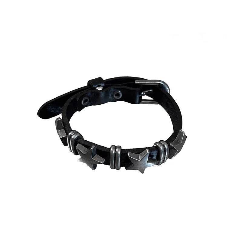 Dark Punk Y2K Pentagram Leather Bracelet - Women's Layered Hip Hop Style
