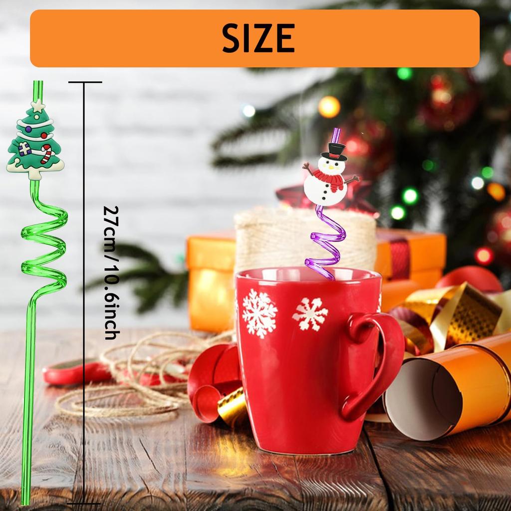 6/12pcs Christmas Reusable Drinking Straws Party Favors Straws with Santa Claus Snowman Elk Bells Christmas Party Gifts for Kids