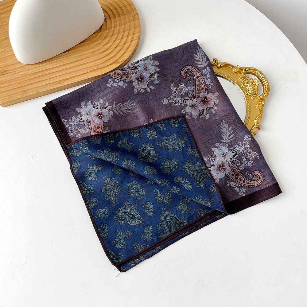 Retro Flower Silk Scarf Autumn and Winter Temperament Elegant Scarf Herringbone Silk Scarf Double-sided Literary Square Scarf Cotton and Linen Square