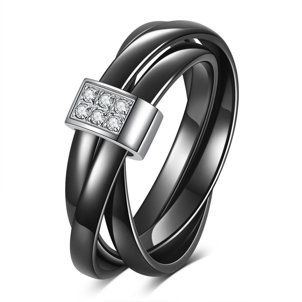 8MM Double Row Diamond-set Black and White Ceramic Three-ring Cross-diamond-set Ring for Couples