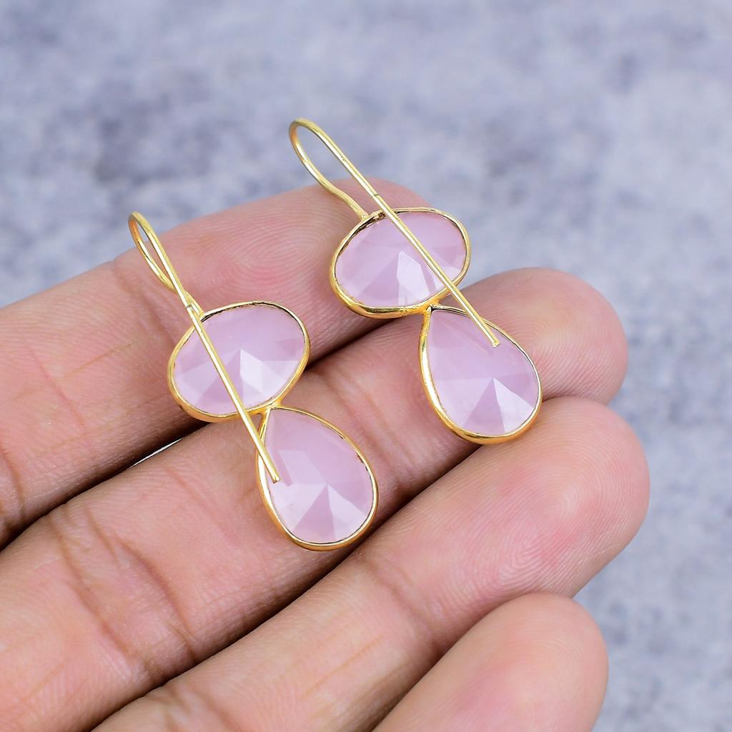 Pink Chalcedony Gemstone Handmade 925 Sterling Silver Jewelry Earring 1.46" M-2637