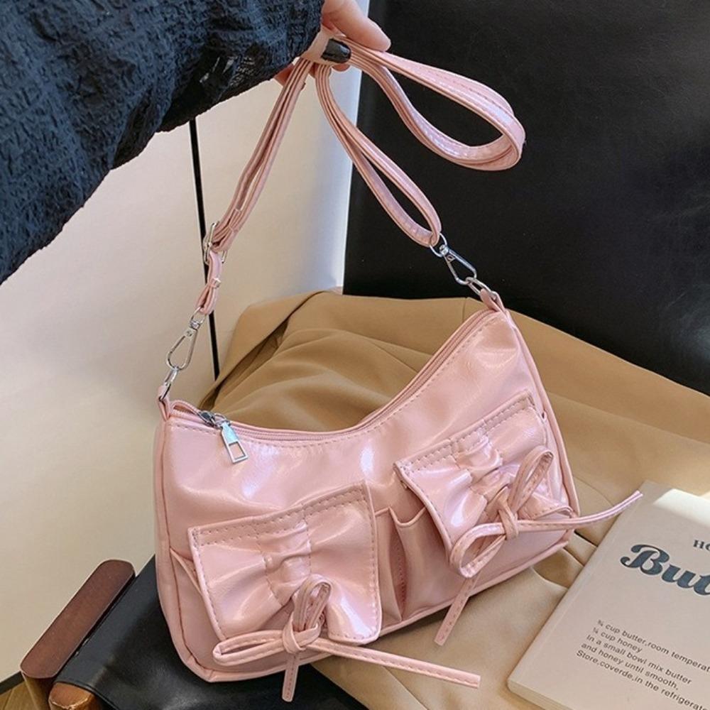 Pleated Bowknot Crossbody Bag Korean Style Pu Dumpling Bag Elegant Y2k Shoulder Bag Outdoor