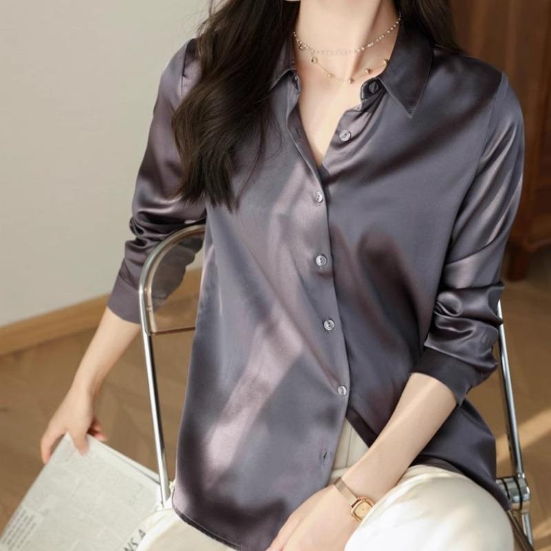 Mote Uformelt kontor Dame satengskjorte Løse lange ermede topper Solid Plus Size Damebluser Elegant Button Up Vintage Enkle Dameskjorter 25678