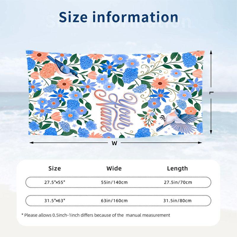 Floral Birds Artwork 1 Theme Quick Dry Beach Towel Custom Name Text Print Large Sand Resistant Towel Beach Vacation