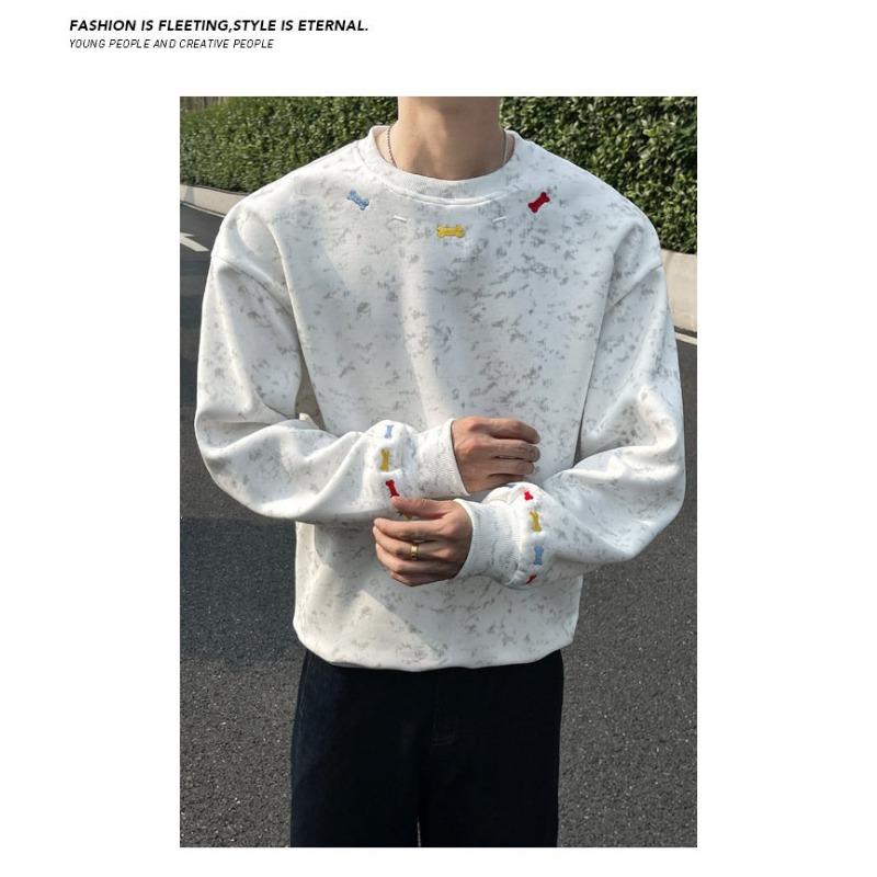 Men S Loose Fit Embroidered Crew Neck Pullover Sweatshirt Plus Size