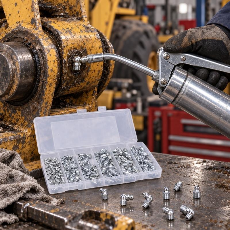 Grease Connection Fitting Assortment with Six-Sided Installation Bases for Machinery Lubrication Maintenance Tasks