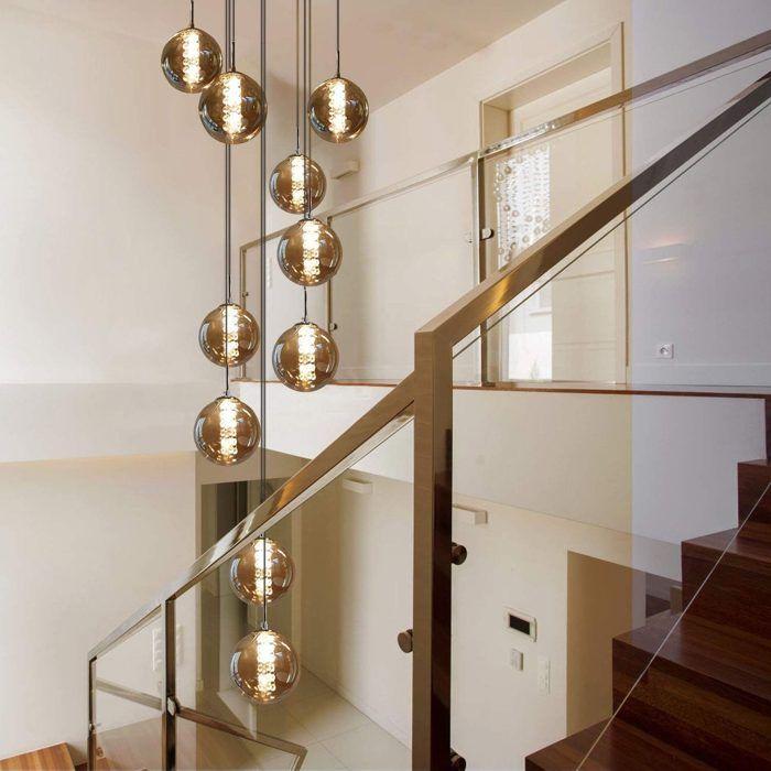 Lustre suspension - NETTLIFE - 10 lampes - abat-jours verre ambre - hauteur réglable - métal 41x41x200 cm