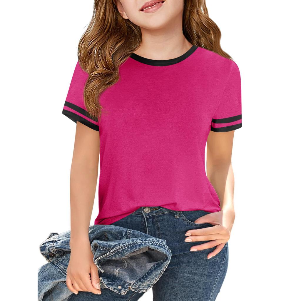 Girls Fashion Short Sleeve Round Neck Color Blocking Casual T-Shirt Top
