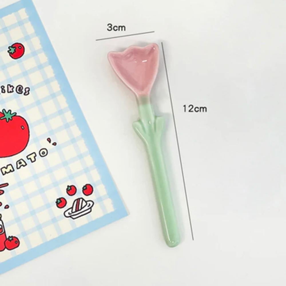 Ceramic Flower Spoon Tulip Shaped Cute Milk Ice Cream Dessert Soup Spoon With Long Handle Kitchen Tableware Accessories