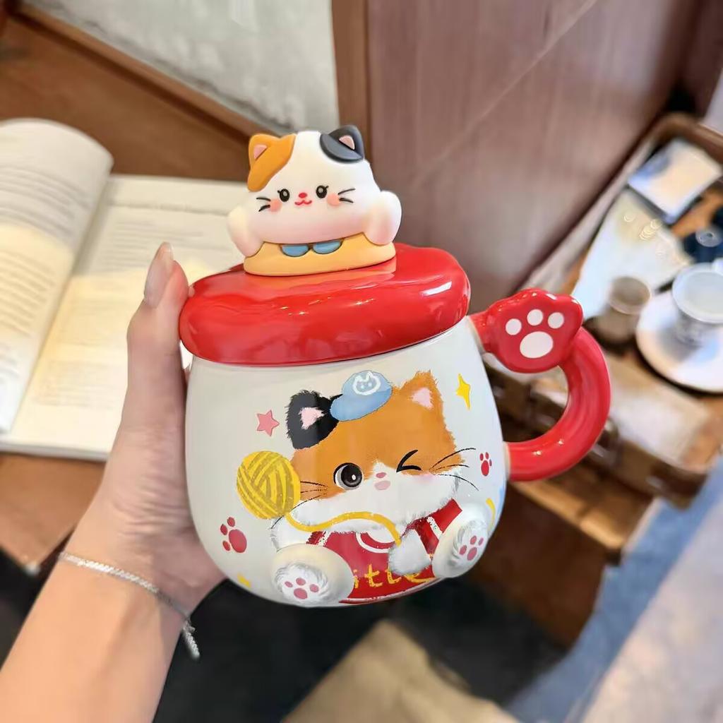 Cat Mug with Lid Spoon High Value Cute Cup Ceramic Water Cup for Women Home Large Capacity Breakfast Cup for Children
