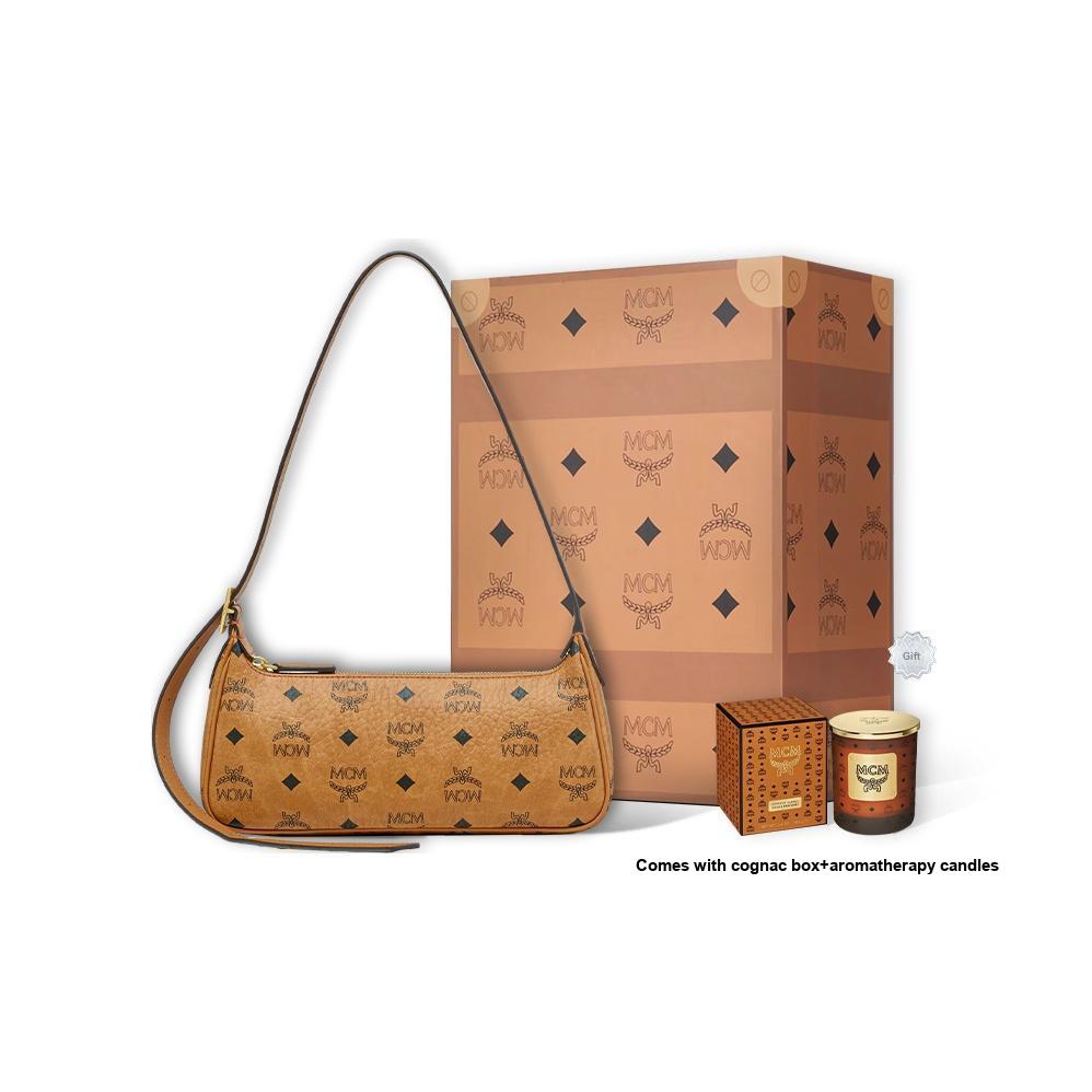 MCM Aren Visetos Monogram Canvas And Leather Shoulder Bag Small Women shoulder bag Brown Cognac MWSESTA02CO001