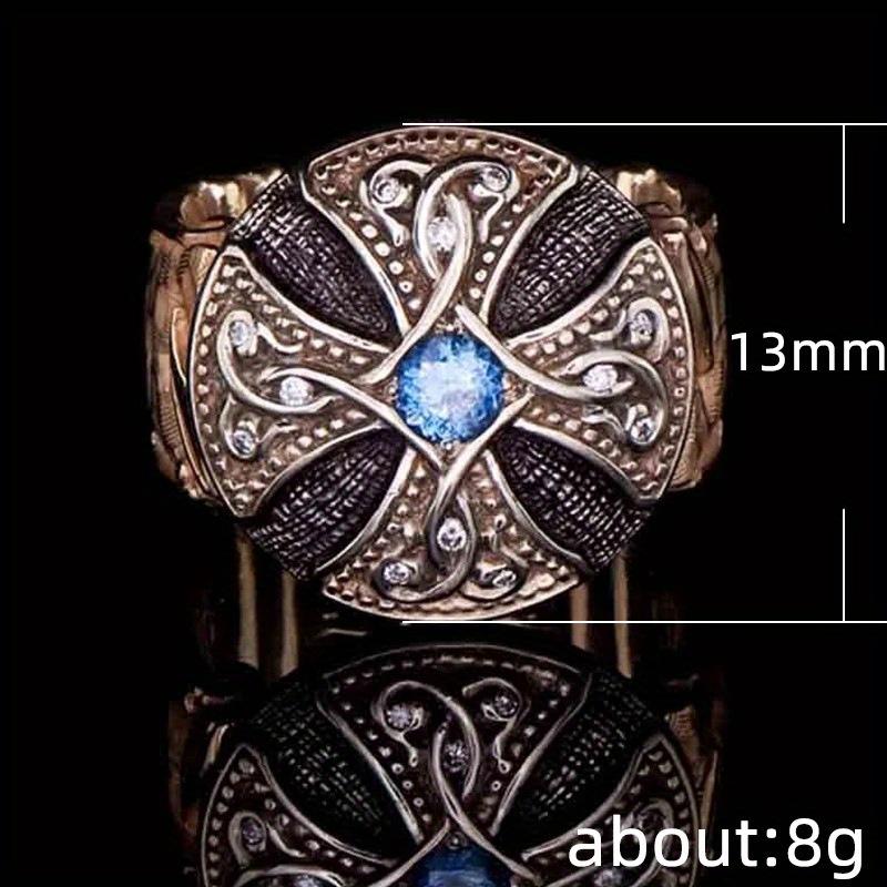1pc Retro Punk Style Cross-flower Men's Synthetic Zircon Ring, Noble Ring Daily Matching