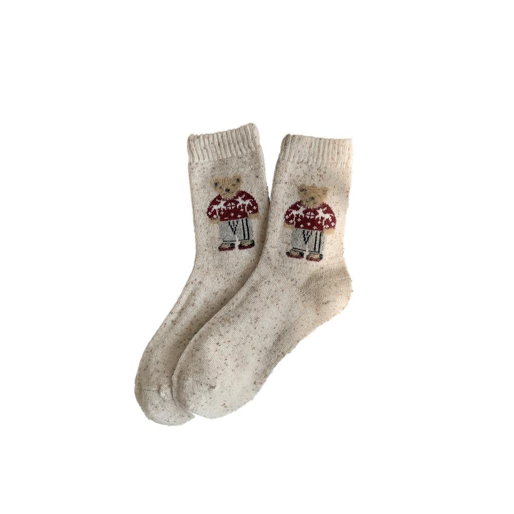 Chaussettes en laine épaisses et chaudes, Chaussettes mi-mollet Ours, Chaussettes en laine bouclette à fil moucheté, Chaussettes style écolière pour filles