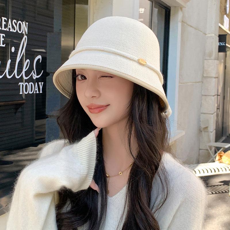 Autumn And Winter Knitted Bucket Hat, Bucket Hat, Top Hat, Small Face, Warm Basin Hat, Bow Versatile Personality
