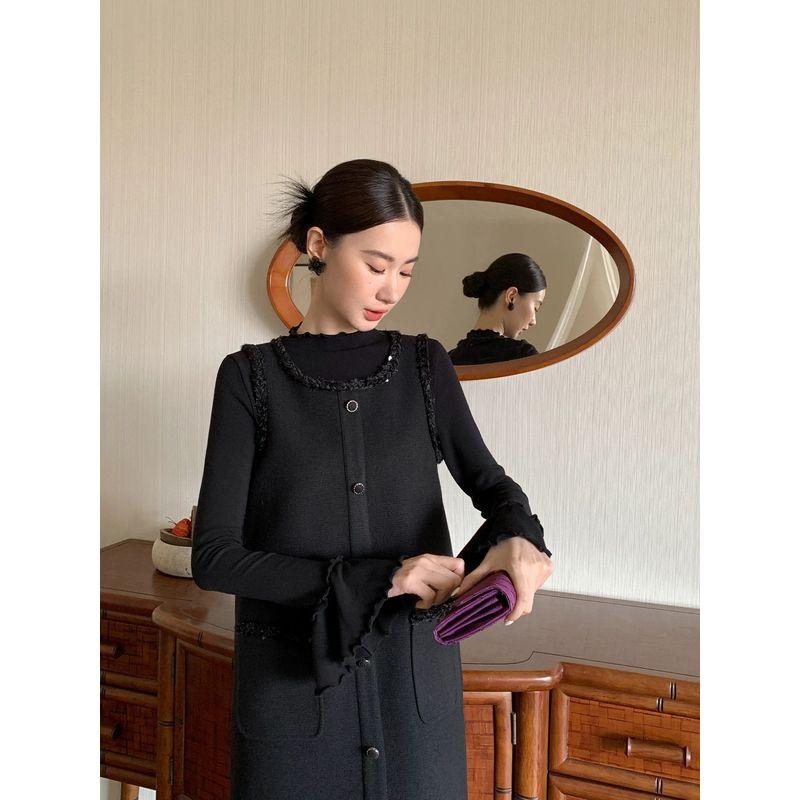 

A Small Amount of Wool! Export Single Quality Thick Woolen Cotton Waffle Pattern Burr Vest Skirt for Women Autumn and Winter Bottoming Dress Black L