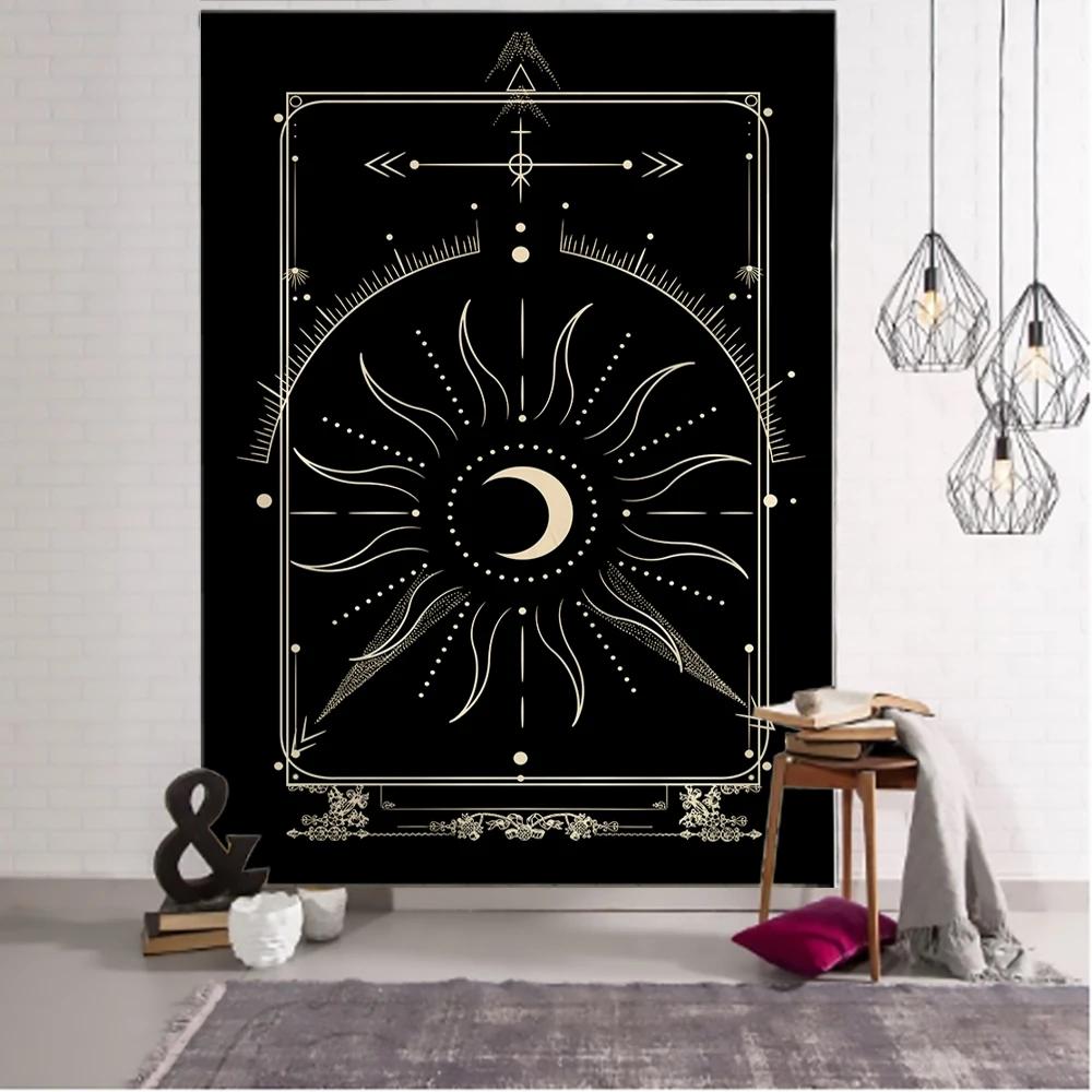 Witchcraft Tarot Tapestry Wall Hanging Black Khaki Sun Moon Starry Universe Geometric Pattern Dormitory Home Decoration Curtains