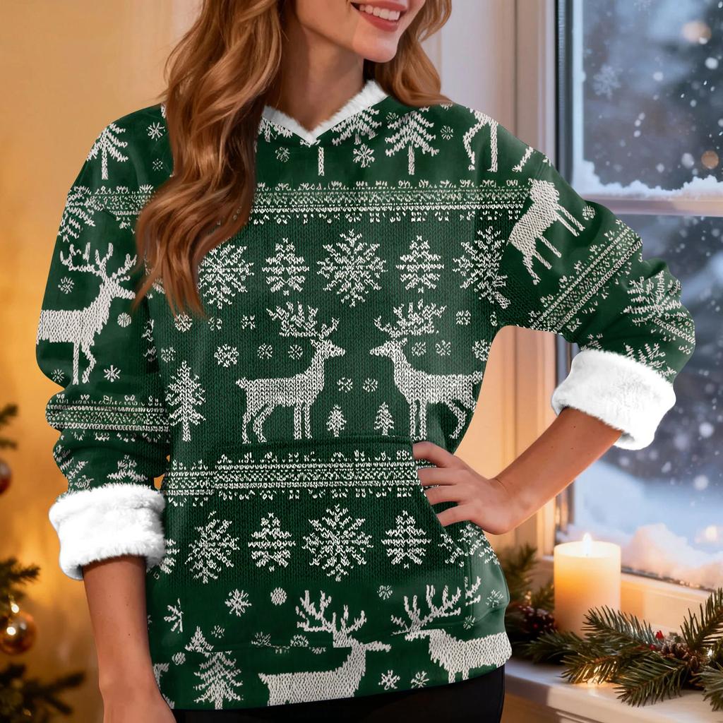 Women's Fashion Casual Long Sleeve Christmas Printed Hooded Sweatshirt