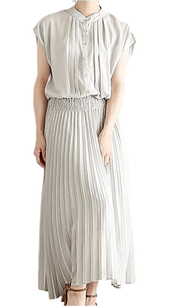 Pleated Skirt Dress French Sleeve Sleeveless Summer Comfortable Long Length Neat and Elegant Short Sleeves Plump Off Shoulder Thick Simple Thick