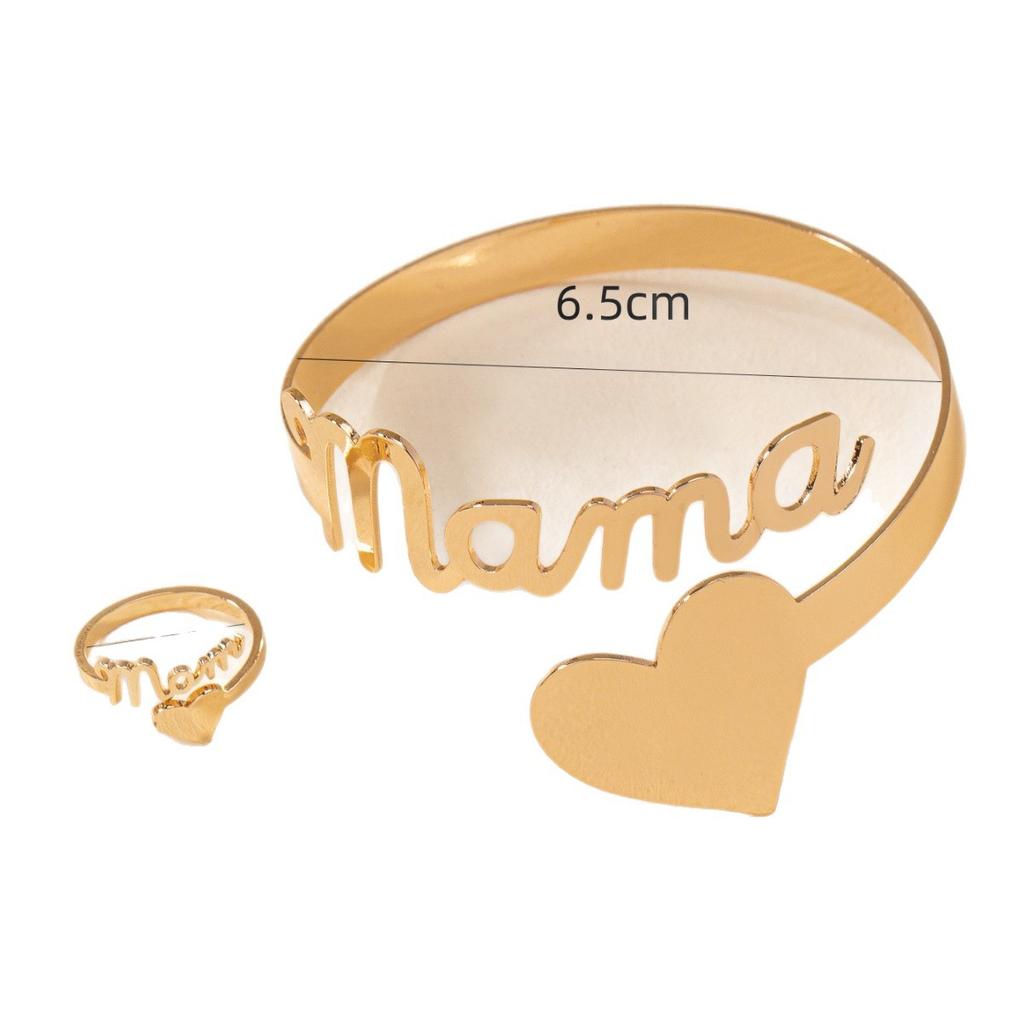 1 Set Of Stylish Minimalist Metal Letters Love Mama Open Women'S Bracelet Ring Set Mother'S Day Gift