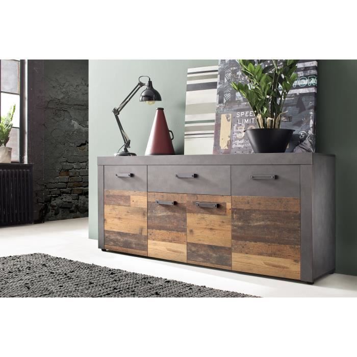 INDY Low Sideboard 4 Doors and 1 Drawer - Aged Wood and Matt Gray Melamine - L 178 X D 40 X H 77 Cm