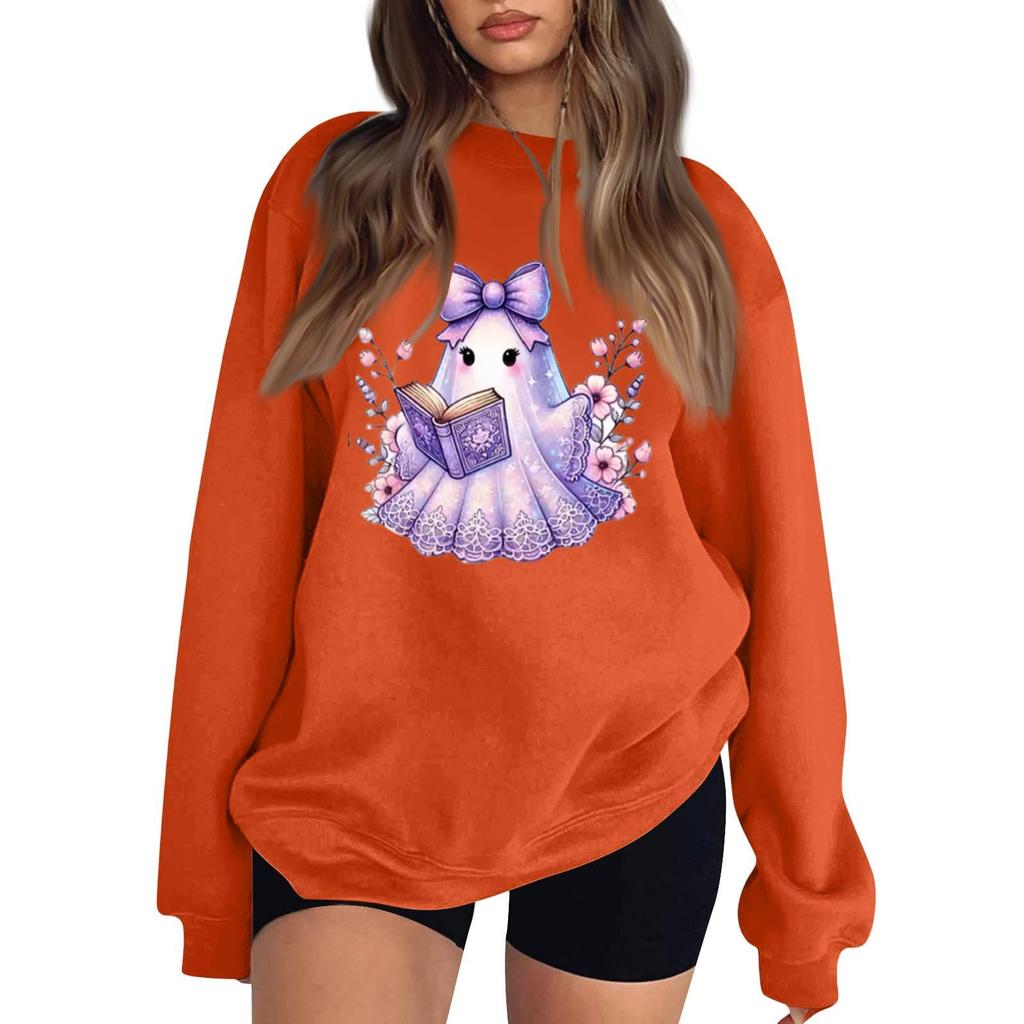 Women's Color Long Sleeve Neck Sweatshirt with Halloween Print Casual Loose Fit Pullover Top