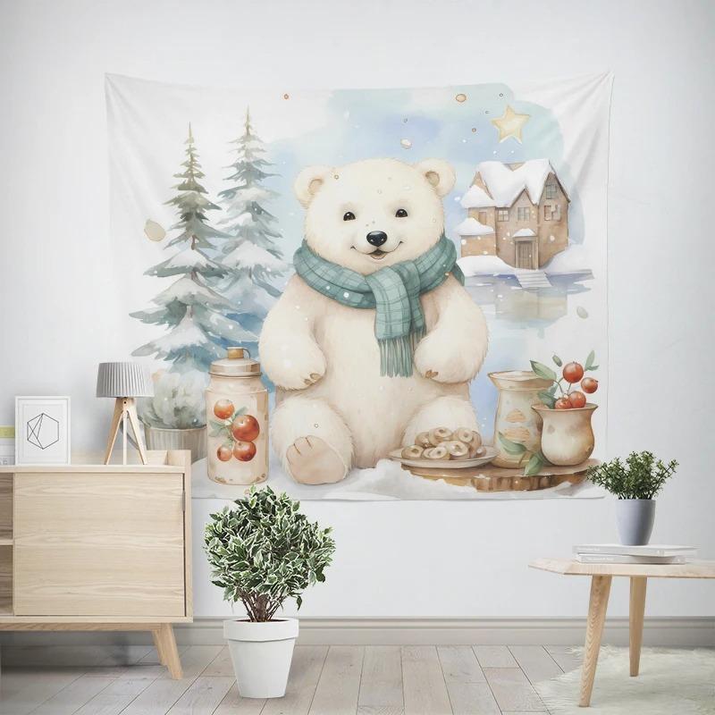 New Year Christmas White Bear Pattern Living Room Bedroom Decorative Tapestry