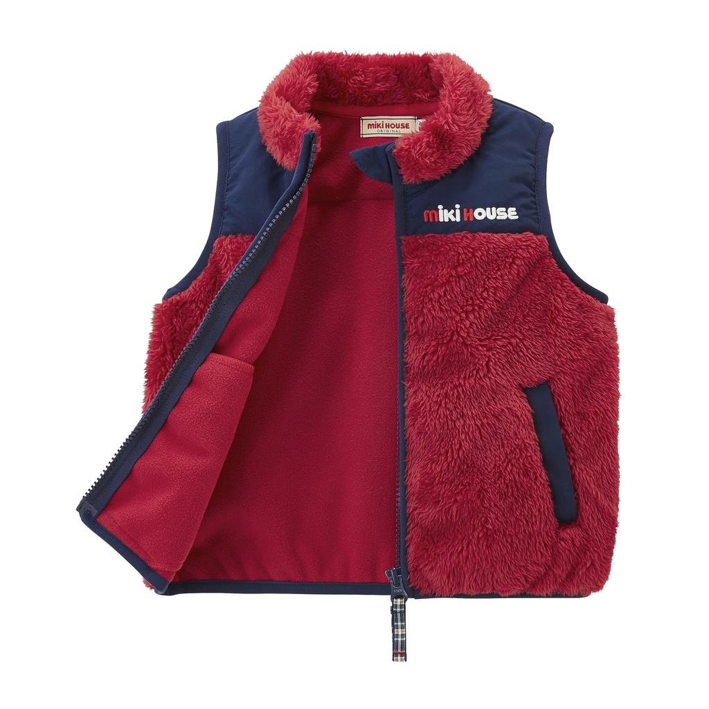 MIKI HOUSE Boa Fleece Solid for Boys and Size Red Vest, Warm, Logo, Color, Simple, Girls, Baby, Kids, Children's Clothing, Kindergarten, School,