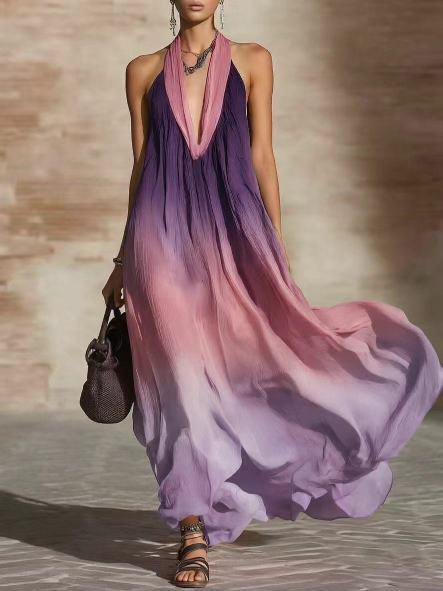 2026 new European and American style gradual change color neck dress holiday style loose V neck beach dress S
