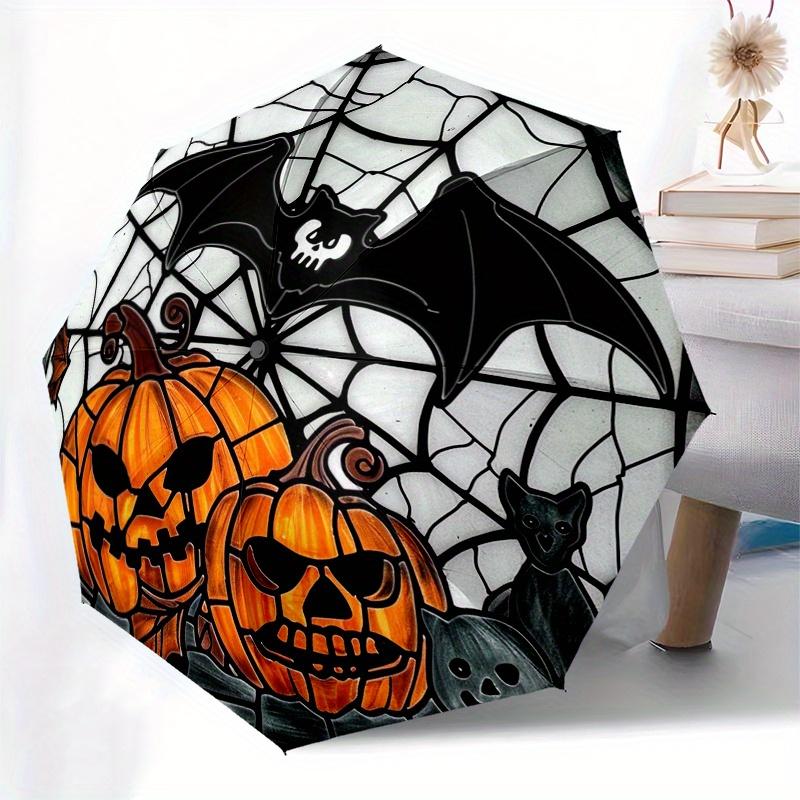 Halloween Stained Glass Window Decoration with Pumpkins, Bat and Spider Web Design Umbrella, Cute Umbrella with Cute Design, Portable 3-Fold Compact U