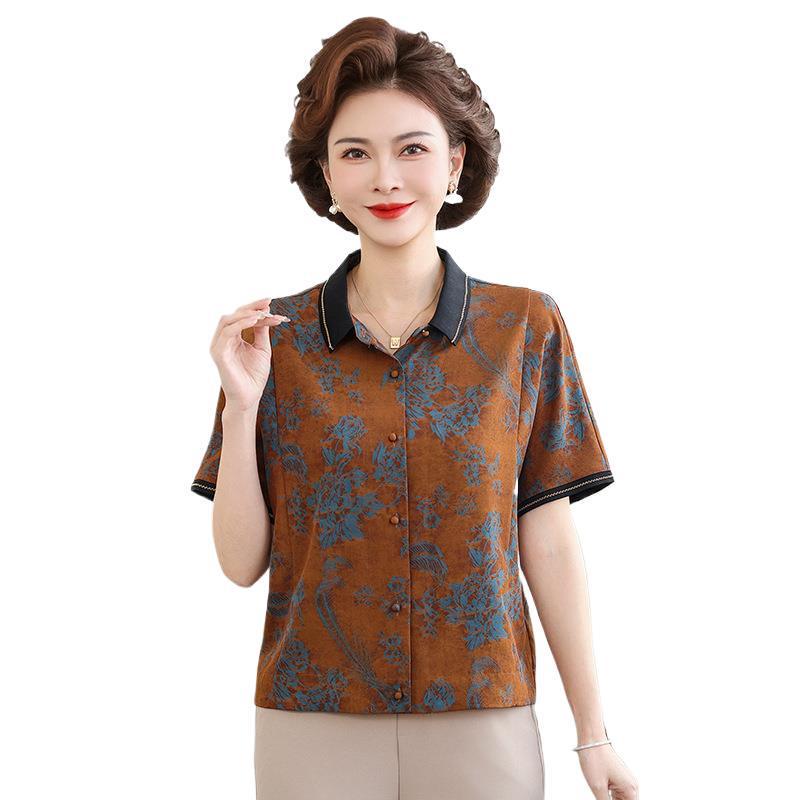 Elegant Summer Short-Sleeve Shirt for Grandmothers - 2026 New Chinese Style, Loose Fit, Plus Size Top for Middle-Aged and Elderly Women