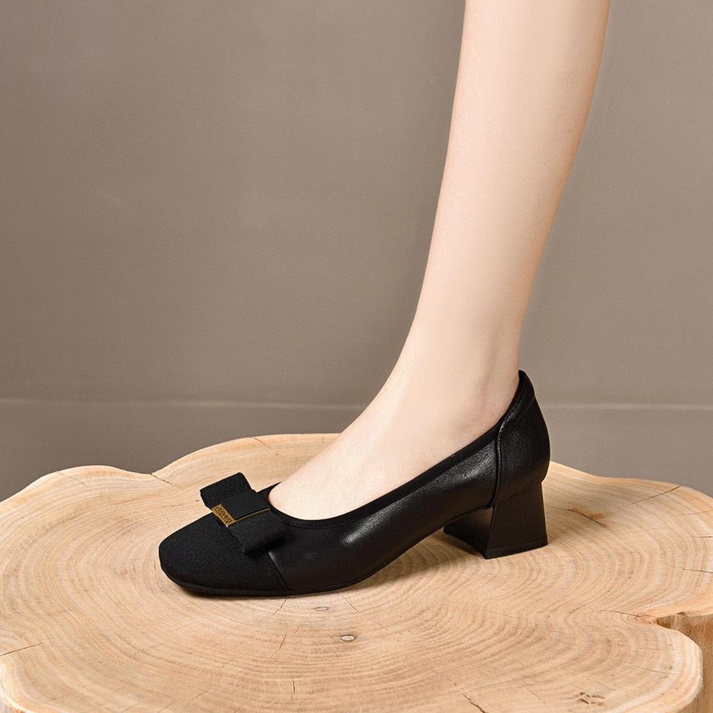 Square Head High Heels Women's New Temperament Cowhide Color Matching Light Mouth Single Shoes Soft Sole Soft Surface Fashion Shoes
