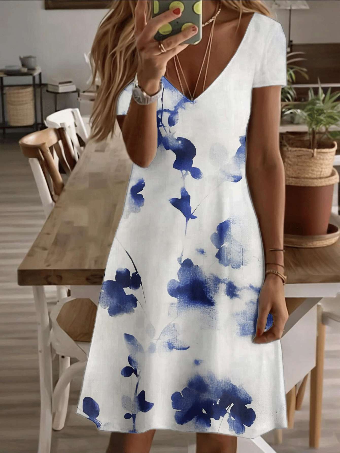Vneck shortsleeve midi dress blue watercolor floral print 3D premium design durable quality elegant daily wear breathable fabric casual fashion for wo 9XL дубильная кора