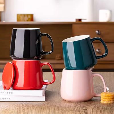 Mug with Lid and Spoon Set Coffee Mug Office Home Ceramic Belly Capacity Men's Drinking Cup Girls
