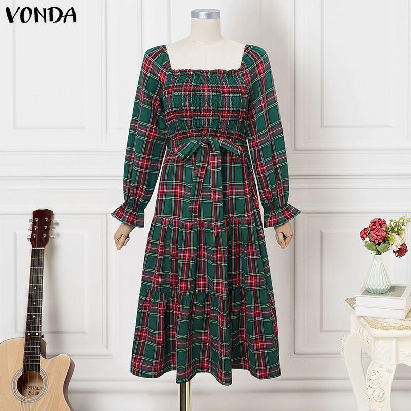 VONDA Rochie Midi Eleganta Retro pentru Femei cu Guler Pătrat, Mâneci Lungi Bufante, Curea, Imprimeu Carouri Vintage