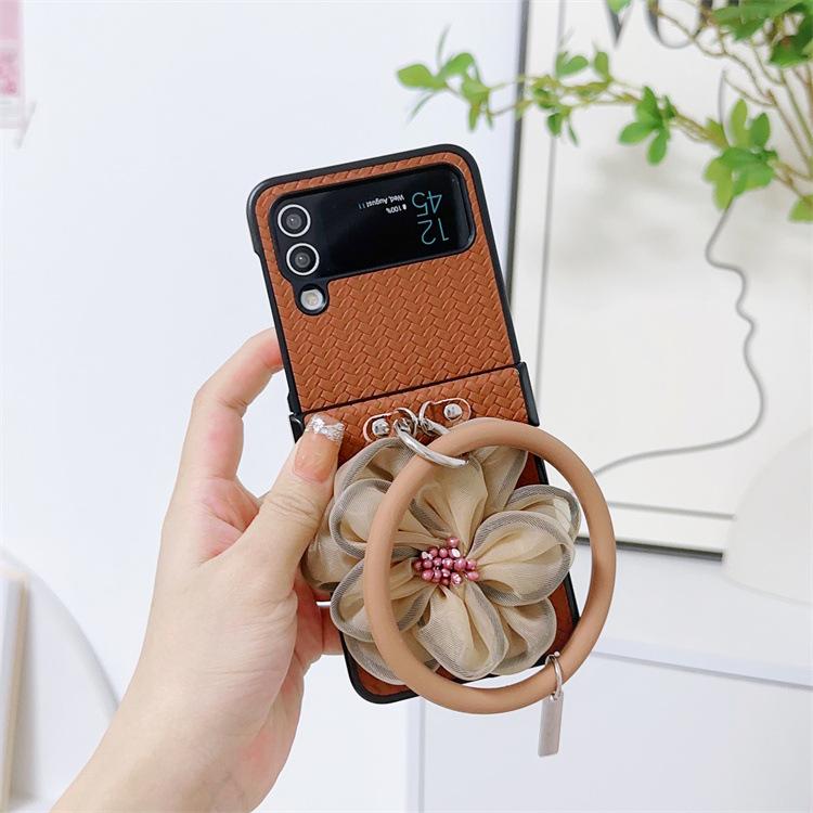 Applicable To Samsung ZFlip5 Mobile Phone Case Straw Mat Pattern Leather Case Flower Portable Hanging Ring Zflip4 Folding Protective Case