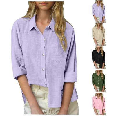 Girls Textured Blouse Split Hem Turn Down Collar Button Long Sleeve Shirt Breathable Linen Top