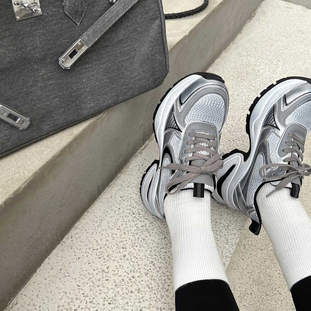 Ruth, the same silver platform leather dad shoes, women's height increase 2025 new versatile lace-up casual sports shoes