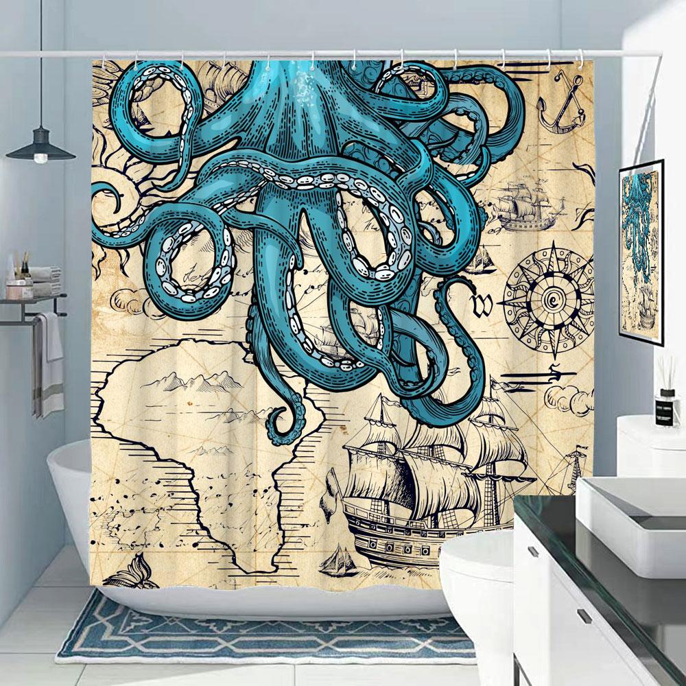 Octopus Shower Curtain Nautical Ocean Sea Turtle Beach Coastal Blue Fish Seashell Jellyfish Fabric Bath Curtains Bathroom Decor