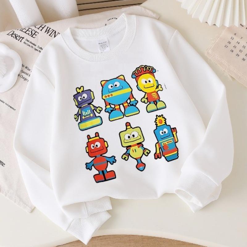 Kids Crewneck Long Sleeve Sweatshirt, Colorful Cartoon Robot Characters Print