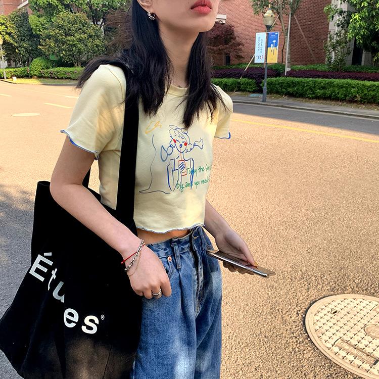 Short-sleeved Printed T-shirt for Women with Niche Design Niche Summer New Short Hot Girl Navel-exposed Student Top
