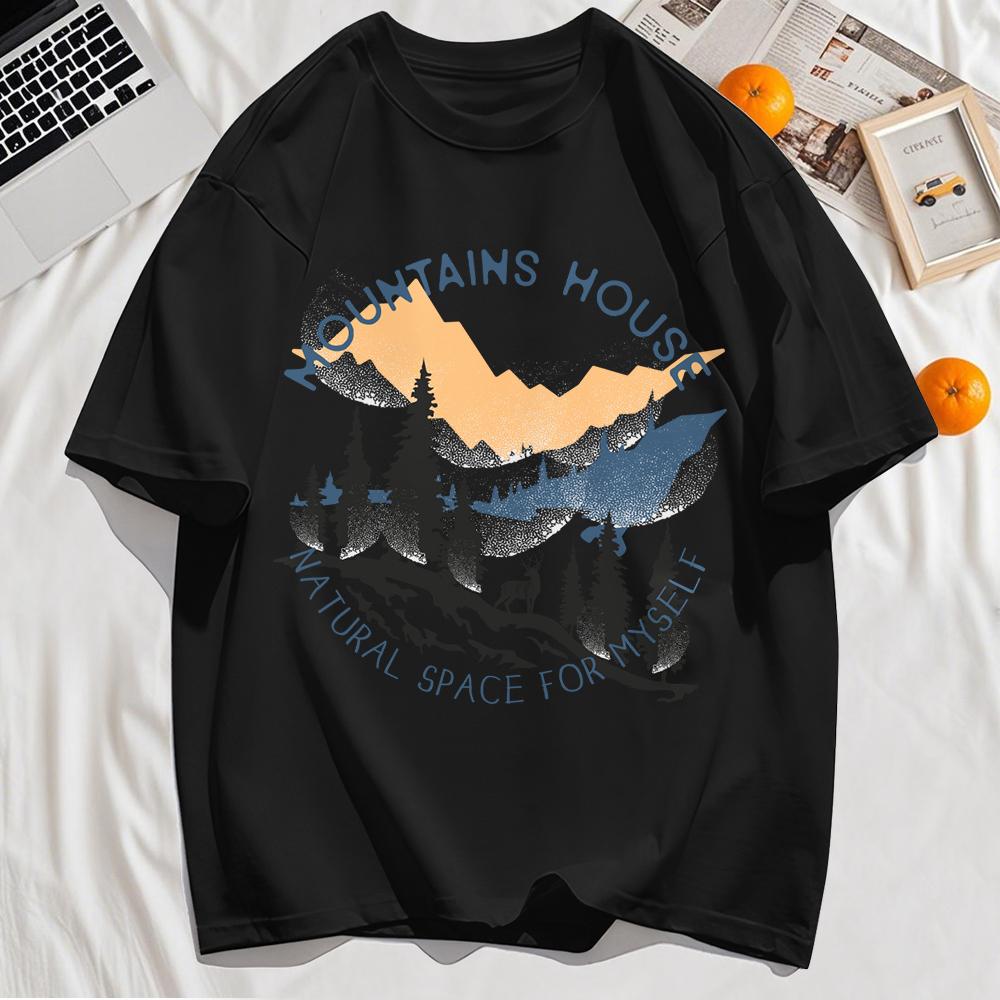 Natural Mountains House Printing Mens T-Shirts Casual O-Neck T Shirt Cotton Soft Short Sleeve Loose Summer Clothes