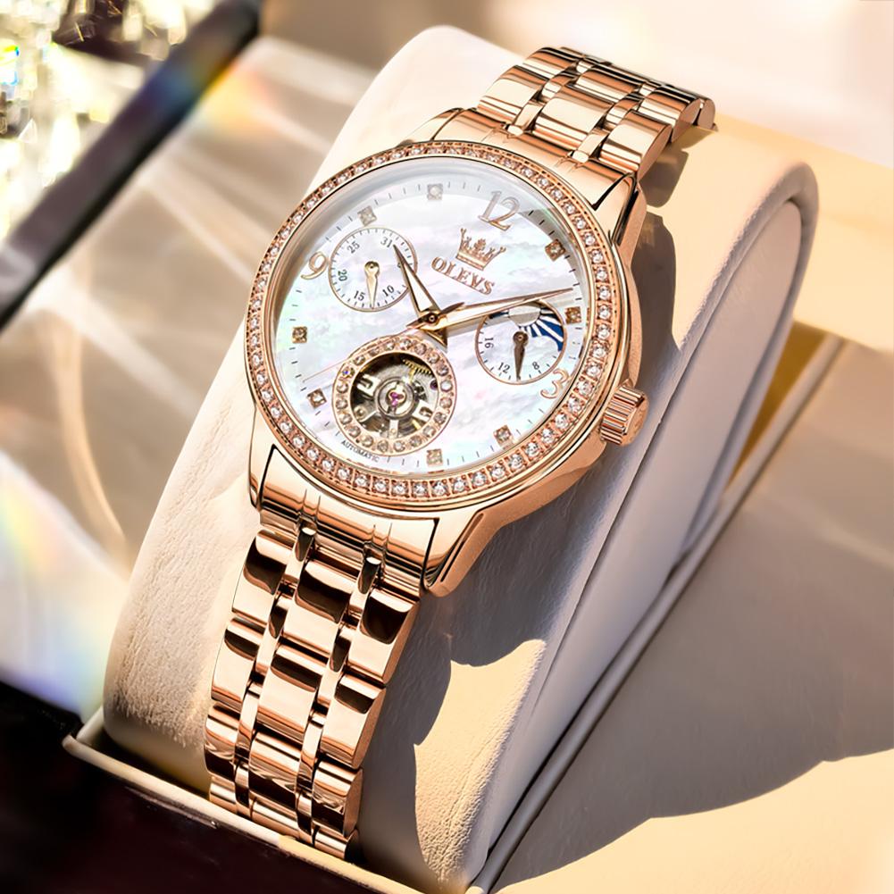 OLEVS Women's Watches Top Brand Luxury Fashion Fine Steel Original Automatic Mechanical Wristwatch Necklace Bracelet Gift Box
