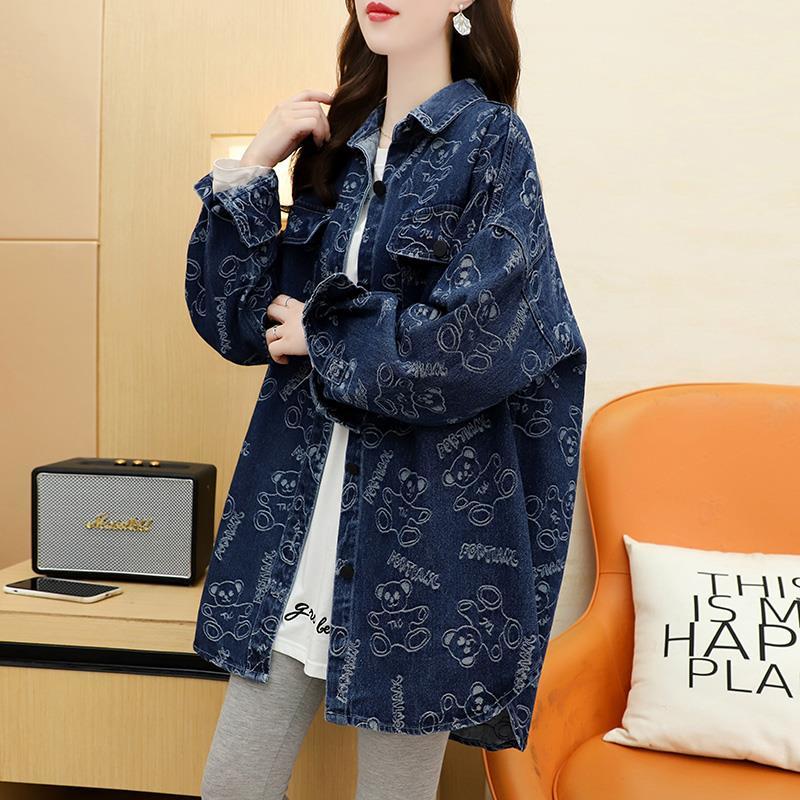 Jeansjackor för kvinnor Trendig Långärmad Knäppt Skjortjacka Jeansjacka med Tryck